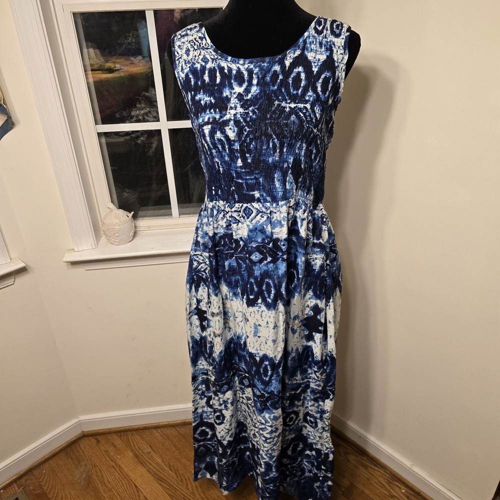 Elementz‎ Blue White Tie Dye Smocked Waist Maxi Dress Size Petite Large